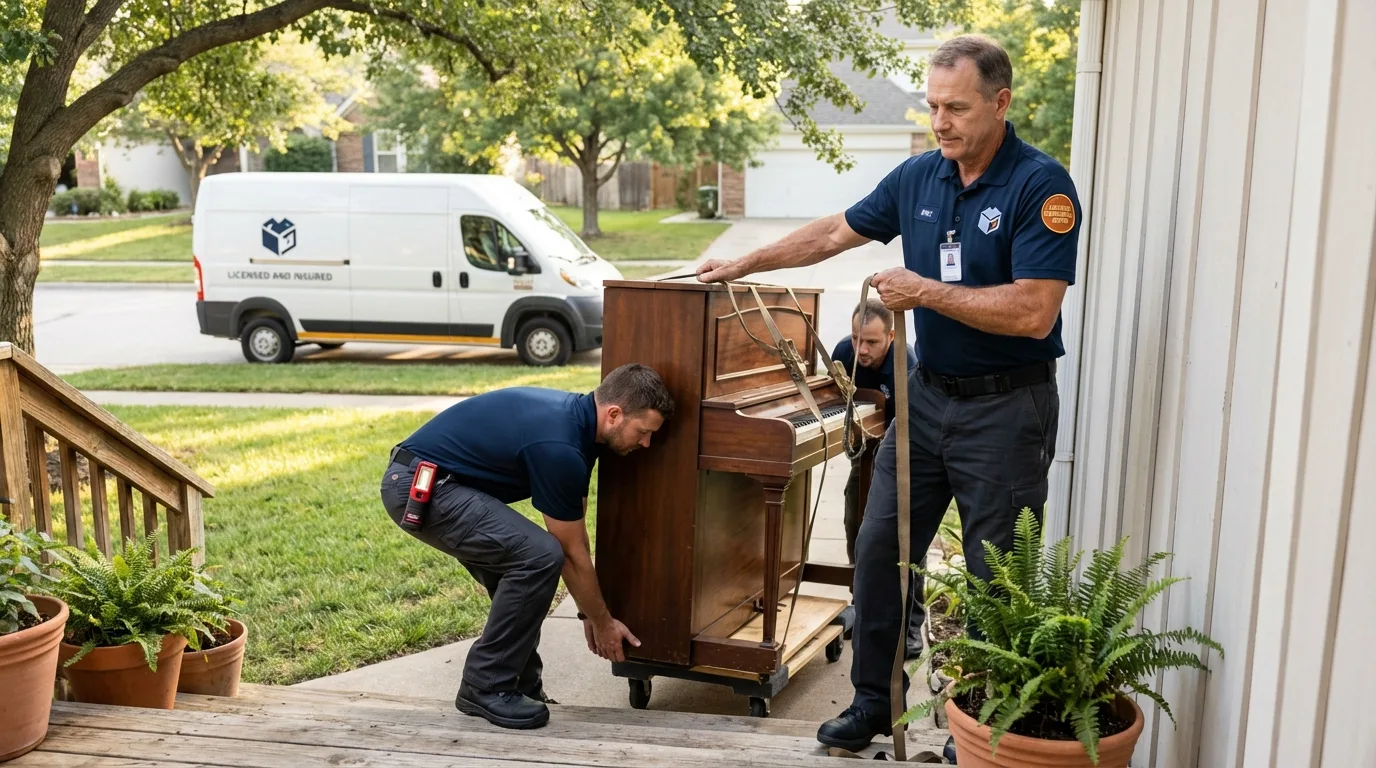 Licensed piano movers securing grand piano in Hamburg, AR
