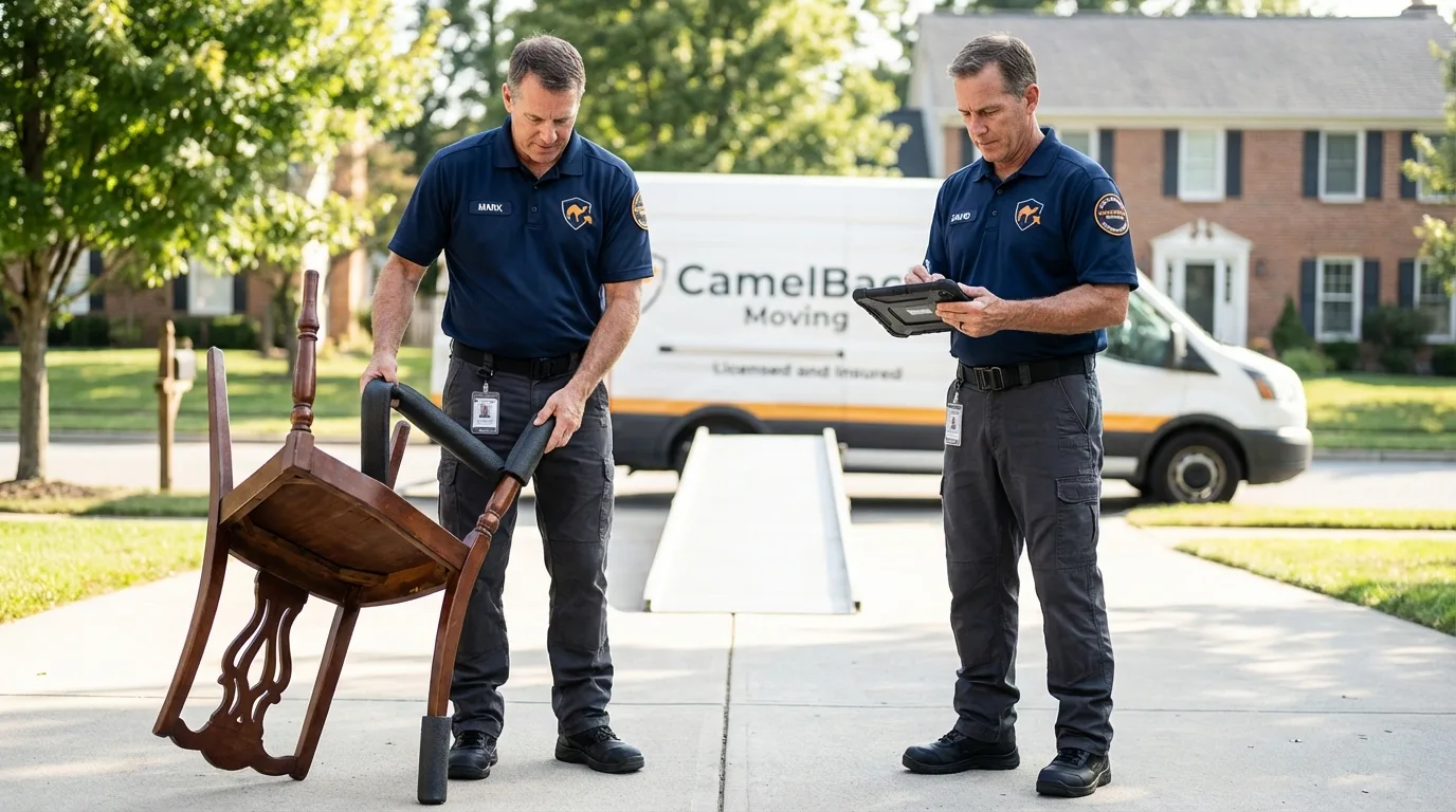 Movers inspecting furniture for damage prevention before loading in Hamburg, AR