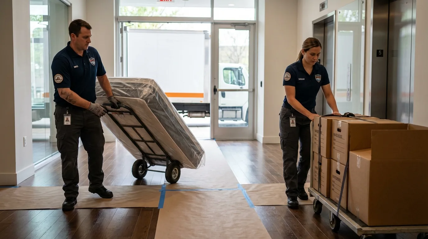 Professional apartment movers loading elevator in Hamburg, AR